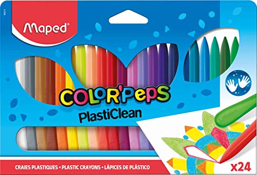 Maped - Ceras de Colores para Niños - Plasticlean - 24 Pinturas de Cera de Colores - 1 Lado de Precisión y 1 Lado Liso - No Ensucian las Manos - Fáciles de Afilar