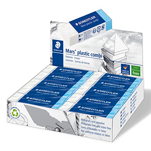 STAEDTLER 526 508. Goma de borrar Mars Plastic combi. Borra lápiz (parte blanca) y tinta china (parte azul). Caja expositora con 20 gomas