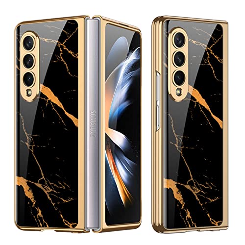 Funda Coque Galaxy Z Fold 4 5G, Carcasa para teléfono móvil Pintada Brillante de Cristal ultradelgada 9H, Funda Plegable para Samsung Galaxy Z Fold 4 5G-Oro Negro