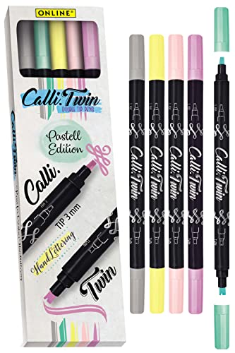 Online Calli.Twin Pastel Double Line Pen - Juego de 5 rotuladores de doble punta para escritura a mano, juego de caligrafía, punta de caligrafía y punta dividida para diarios, acuarelas