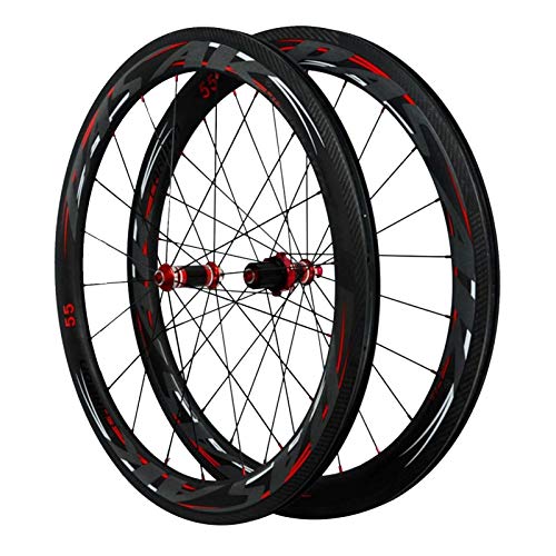 SJHFG 29 En Rueda para Bicicletas, 55mm Fibra de Carbon Buje de Tracción Recta C Freno V Freno Carretera 700C 1 Par Carretera Bicicleta Rueda (Color : 55mm Red Carbon)