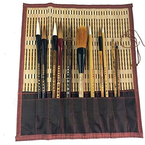 Brocha de pintura china para caligrafía china, cepillo de escritura para dibujo profesional Kanji japonés Sumi + soporte de cepillo de bambú enrollable (11 piezas)