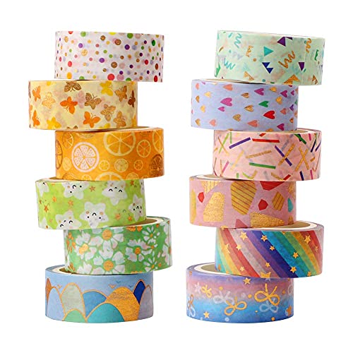 Feelava Washi Tape,12 rollos de cinta adhesiva Washi decorativa, cinta adhesiva de color dorado linda flor decorativa para manualidades y manualidades, 15 mm x 3 m