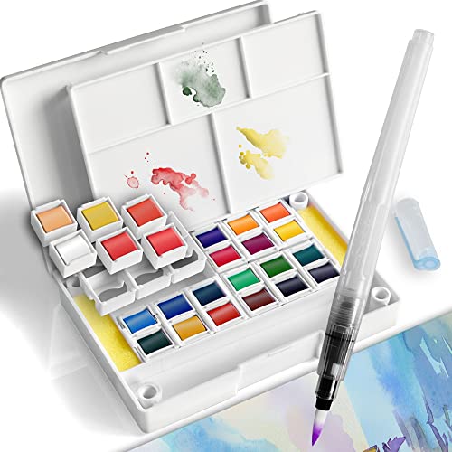 PENCILMARCH Pintura de Acuarela 24 Colores Caja Acuarelas Profesionales con Paletas para Niños, Principiantes Set De Pintura De Acuarela, Versátil Y Portátil