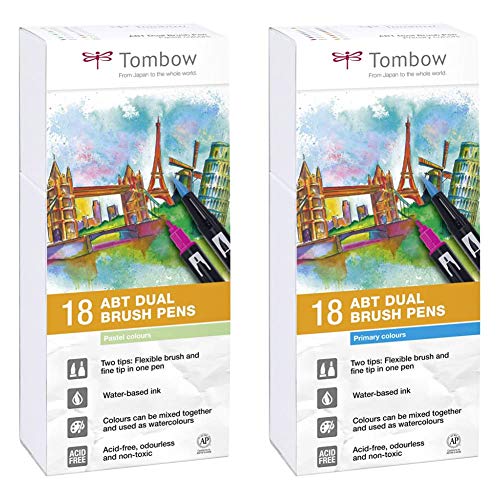Tombow ABT-18P-5 Estuche 18 lápices + ABT-18P-1 Fiber Pen Dual Brush Pen con dos puntas Juego de 18 colores primarios