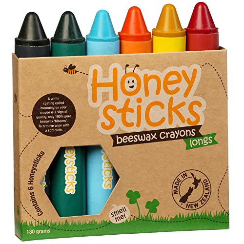 Honeysticks Ceras de Colores 100% Pura Cera de Abeja (6 unidades, Largas) Naturales, No Tóxicas, Seguras para Niños, Hechas a mano en Nueva Zelanda, Para Mayores de 3 Años.