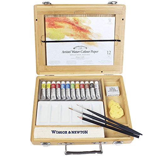 Winsor & Newton Acuarela profesional, caja bambú, 12 tubos de 5ml, colores surtidos, 1 lápiz, 1 goma, 2 pinceles, 1 bloc papel, 1 paleta de porcelana, 1 esponja, 1 toalla, para acuarelistas y pintura