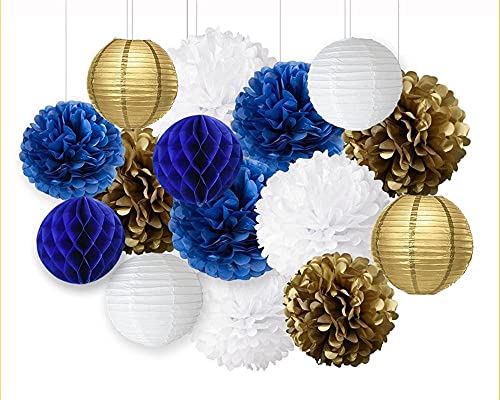 SCORRO Farolillos De Papel,Farolillos Feria 15 unids Azul Blanco Oro Papel Papel Papel Tejido Pomp poms Papel Linterna Bola Decoraciones