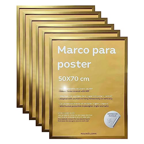 Nacnic - Pack de 6 Marcos de Madera MDF Dorado y Vidrio Acrílico | Protección y Expositor de Fotografías, Láminas, Pósters, Cuadros y Decoración para Salón, Dormitorio u Oficina | 50x70 cm…