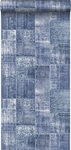 papel pintado pintura de tiza con textura eco patchwork kilim azul - 148333 - de ESTAhome