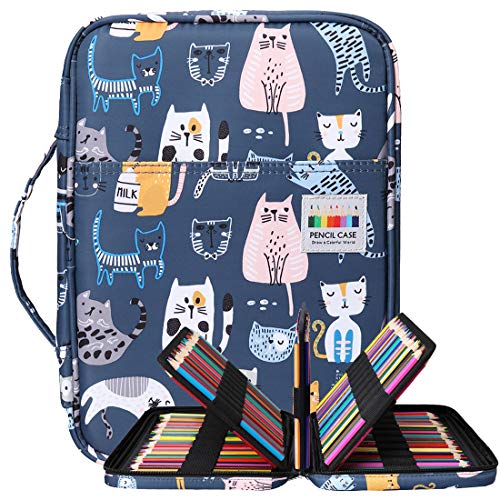 BOMKEE 220 ranuras estuche de lápices de colores, impermeable bolsa para dibujar, pintar, almacenamiento de papelería multicapa bolígrafos de gel organizador(gatos deportivos)