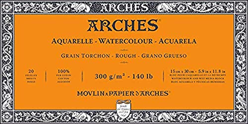 Bloc de 20 hojas de acuarela (pegadas 4 lados), 15 x 30 300 g/m2, grano de trapo blanco natural.