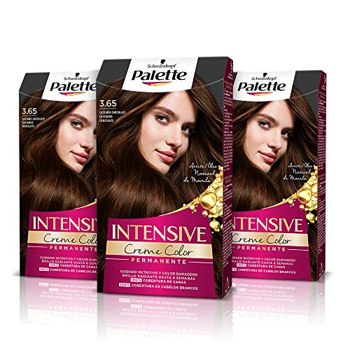 Schwarzkopf Palette Intensive, Tinte 3.65 cabello Castaño Chocolate, Óptima cobertura de canas, Coloración Permanente de Cuidado con Aceite de Marula, Color duradero hasta 8 semanas (Pack de 3)