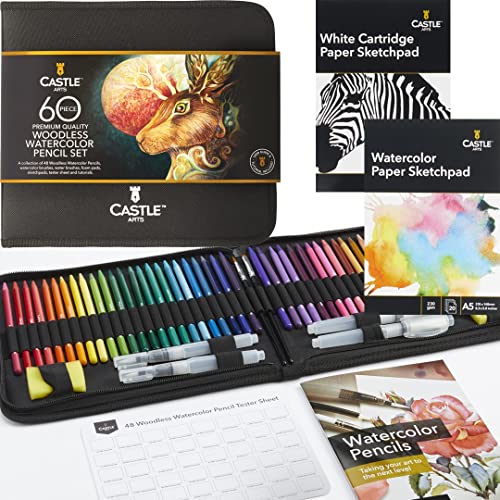 Castle Art Supplies Estuche 60 Lápices Acuarela sin Madera | 48 Lápices Colores Intensos Pigmento Calidad, Accesorios | Todo Mina | Artistas, principiantes, ilustradores | Resistente Estuche Tela