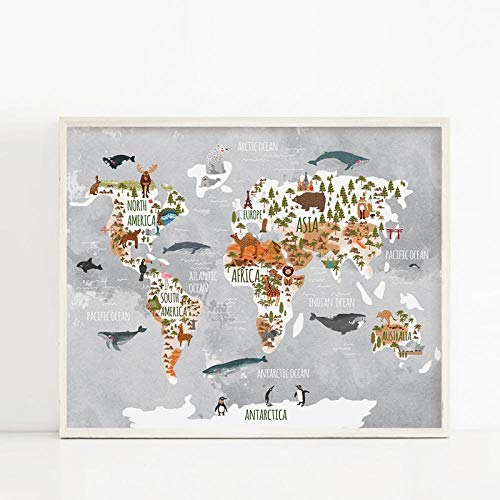 Cuadros,Mapa del Mundo Woodland Animal Poster Art Prints Nursery Decor Acuarela Mapa con Animales Lienzo Pintura para Habitación De Niños Arte De Pared, Carteles para Niños