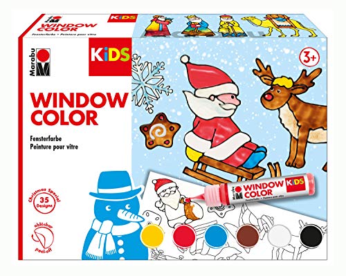 Marabu 0306000000003 Niños Window Color Christmas con 6 x 25 ml de pintura, A3 con 35 diseños y lámina A4, a base de agua, adecuada para vidrio, espejos, azulejos