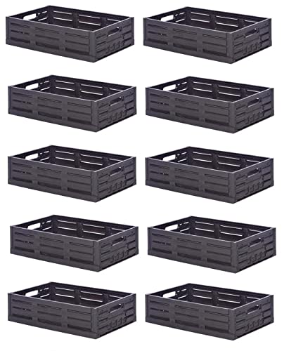 kistenkind, 10 cajas plegables en imitación de madera, 60 x 40 x 16 cm, color marrón oscuro, negro caja plegable para frutas, verduras, caja de fruta caja de verduras, caja de madera