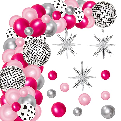 109 piezas de decoraciones de fiesta de discoteca occidental para mujer, rosa fuerte, rosa, rojo, plata, arco de globos, bola 4D, flecos temáticos, último rodeo, suministros de soltera para mujeres