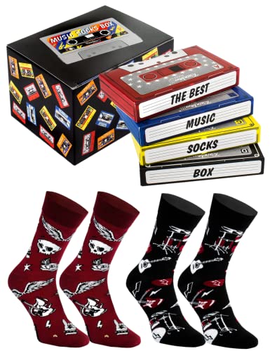 Rainbow Socks - Rock Socks Music Box - 2 Pares De Calcetines En Cassette - Para Regalo A Un Fan De La Música Rock, Amante Del Heavy Metal, Rock&Rolla Un Gadget Musical Para Ella Y Para Éll-Talla 47-50