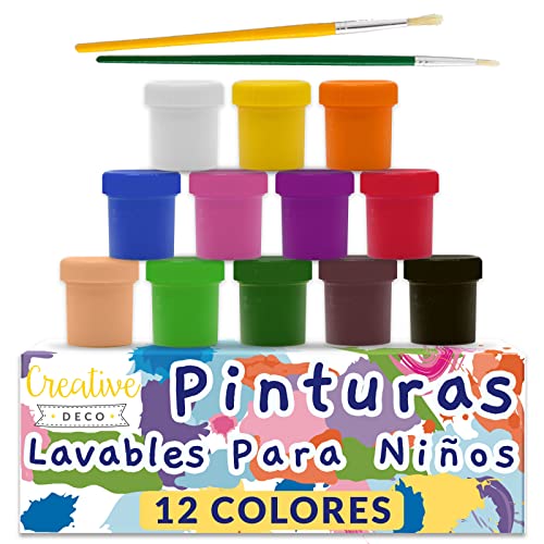 Creative DECO Temperas para Niños Lavable Pintura Dedos Bebes | 12 x 20 ml Botes | No Tóxica | Colores Básicos Intensos | Perfecto para Principiantes y Artistas