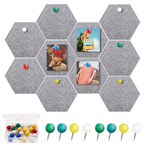 Corcho Pared Autoadhesivo, Pizarra Corcho Hexagonal 10pcs, Tablero Madera con 20 Chinchetas, Decoracion Habitacion, Utilizada Para la Decoracion Pared de la Oficina del Dormitorio(gris)