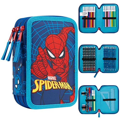 Marvel Estuche Escolar con Artículos de Papelería - Estuche Escolar Niño con Material Escolar - Incluye Lápices para Colorear, Rotuladores de Colores y Más - Cosas (Spiderman Triple Zip)