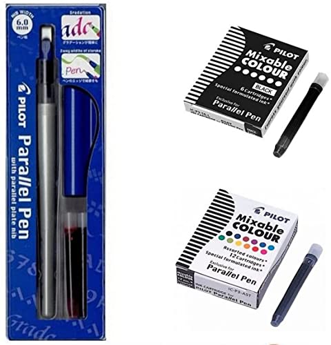 Pilot Parallel Pen 6,0 mm + 1 caja de 12 cartuchos de tinta colores surtidos + 1 caja de 6 cartuchos + 1 regla marcapáginas de madera Blumie
