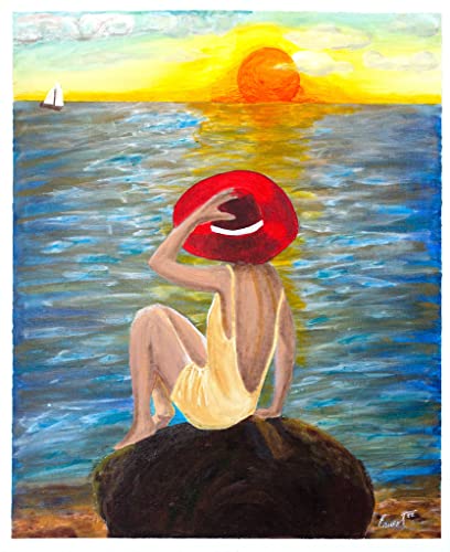 Cuadro en lienzo pintado a mano en colores acrílicos, titulado Mujer playa al atardecer de medidas 60X70X2 c. No necesita marco. Artista Ernest Carneado Ferreri