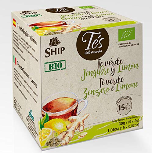 Ship - Té Bio Verde con Jengibre y Limón - Formato en Pirámides - 15 Unidades - Propiedades Antioxidantes - Activa la Mente - Aporta Vitaminas y Minerales - Sabor Dulce