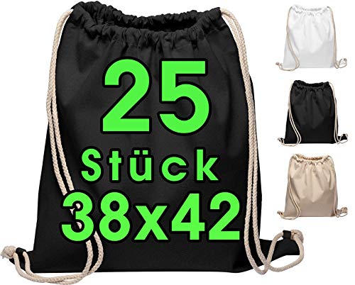 ELES VIDA Bolsa de gimnasia de algodón 25 piezas Bolsa deportiva de 38 x 42 cm - bolsa de algodón, bolsa de yute OEKO-TEX® bolsa de tela certificada bolsa de compras Gym Sac Sack para pintura (negro)