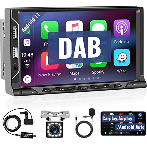 Radio Dab 2 DIN Android 11 GPS Wireless Carplay Android Auto Mirror Link, Pantalla Táctil 7 Pulgadas Radio Coche GPS, Estéreo Bluetooth, Navegación GPS, WiFi, FM RDS Radio, EQ, 6 USB, Cámara Trasera