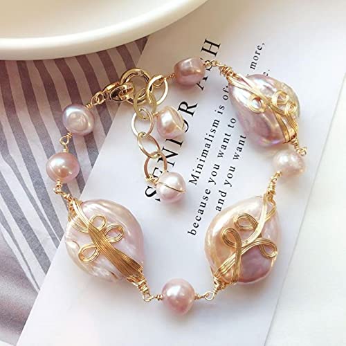 DALIU Pulsera de Cuerda de Perlas de Agua Dulce chapada en Oro de 14 k de Estilo Barroco francés, Pulsera de Cuerda Hecha a Mano Japonesa Femenina