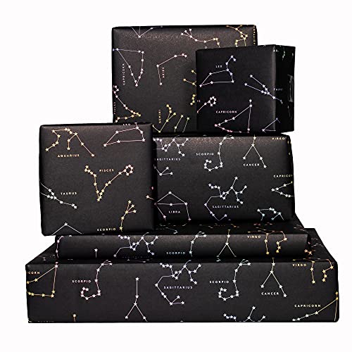 Central 23 - Papel de regalo negro para cumpleaños - 6 hojas de papel de regalo - Constelaciones - Zodíaco - Magia - Papel de regalo para niñas, niños, mujeres y hombres