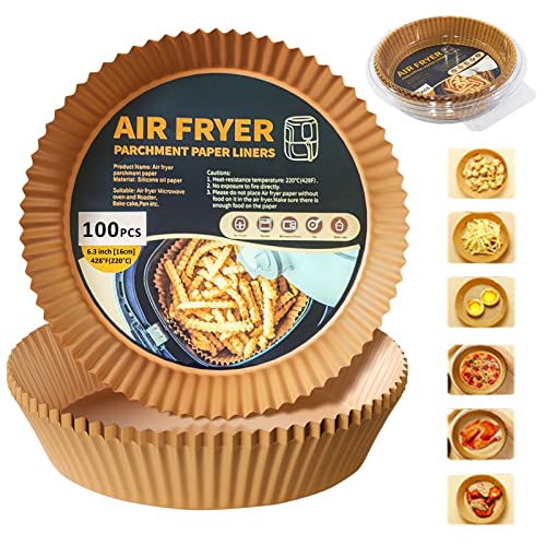 Papel de Horno Airfryer, Papel para Freidora de Aire, Antiadherente Revestimiento de Papel Desechable Redondo, Resistente al Calor, para Freidora, Sartén, Horno y Microondas (16 cm, 100 PCS)