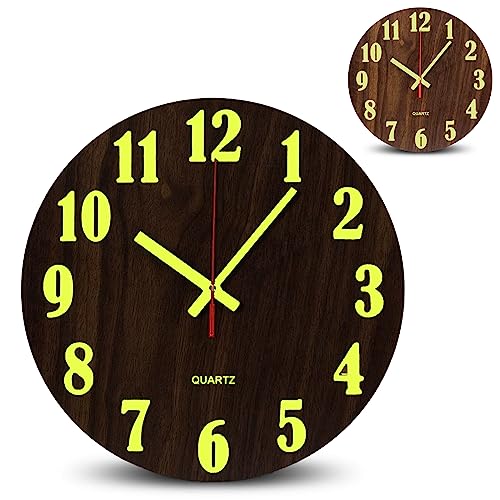 FISHTEC Reloj de pared luminoso de madera – Péndulo fosforescente – Números grandes + agujas Fluorescentes – Silencioso, sin tic tac, para cocina, oficina, sala de estar, dormitorio, Ø 25 cm