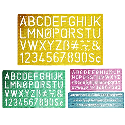 Alphabet Letter Stencil,4 PCS Reutilizable Plantilla de Letra Alfabeto, Plástico Number & Letter Normógrafo Stencil Plantillas de Dibujo Regla para Niños Pintura Aprendizaje (Colores surtidos)