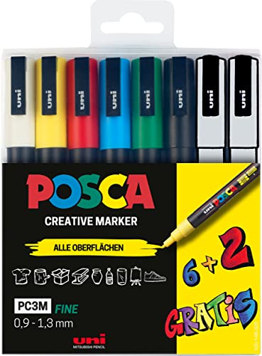 Uni-Ball POSCA 186825 - Juego de rotuladores acrílicos PC-3M, 0,9 – 1,3 mm, 6 colores estándar + 2 colores especiales cambiantes