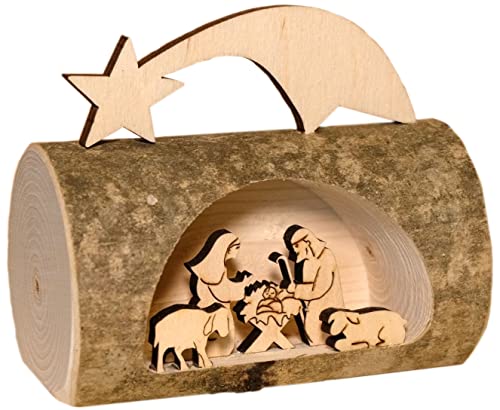 Kaltner Präsente Idea de regalo Belén de Navidad de madera con Jesús, María y niño en un tronco de árbol con corteza de Tirol del Sur