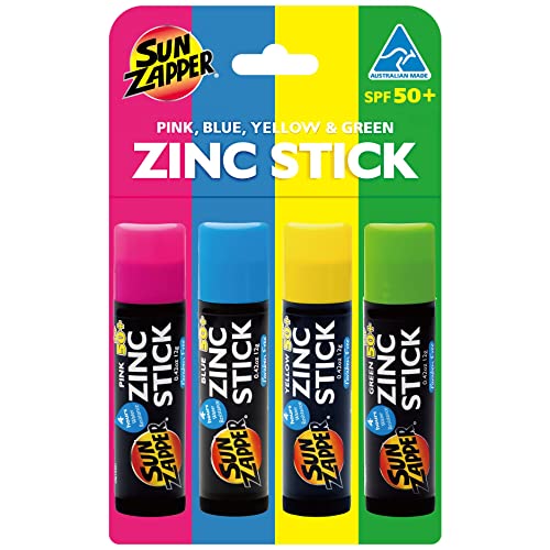 Bloqueador Solar Sun Zapper Zinc - Pack Arcoiris (Rosa, Azul, Verde, Amarillo) Protector solar de colores - Muy alta protección solar SPF50+ UVA/UVB+ Sun Zapper Crema solar de alta protección UVA/UVB+