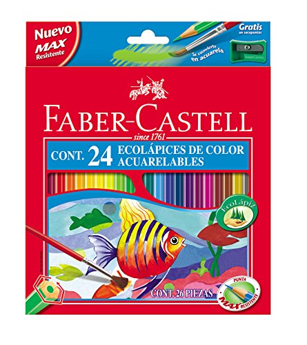 Faber-Castell 120224 - Estuche de 24 ecolápices de color acuarelable, 1 pincel y afilalápices de regalo