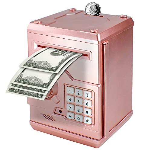Vommery Hucha para niños de Juguete, Mini Caja Fuerte electrónica para cajero automático Bancos con Bloqueo de contraseña & Desplazamiento automático de Dinero para niños niñas (Oro Rosa)