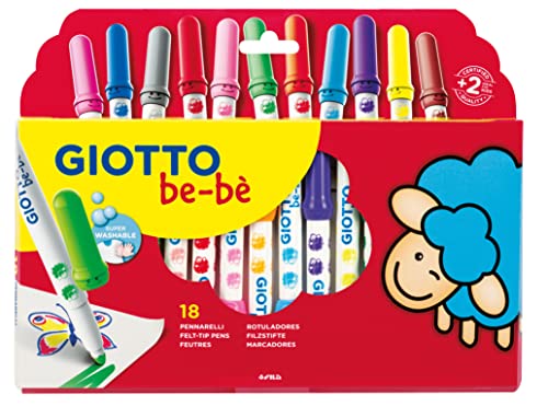Giotto Be-Bè, Rotuladores de fibra súper lavables, punta maxi, 5mm, colores surtidos, 18 unidades