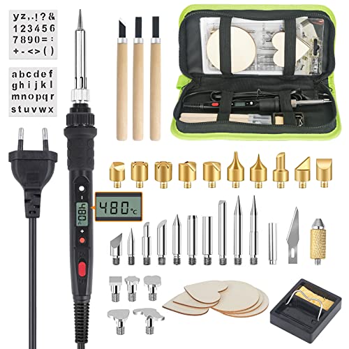 Pirograbador de Madera Kit, 40pcs Kit Pirograbádores Electrico 80W LCD Pantalla Temperatura Regulable 180℃-480℃,Electrico Soldador Pirografo Profesional para Madera,Grabado,Soldadura,Cuero