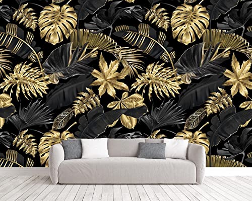 NEWWALLMURAL Papel Pintado 3D Hoja De Plátano De Oro Negro Fotomural 3D Papel Tapiz Moderno Papel Pintado Pared Dormitorio