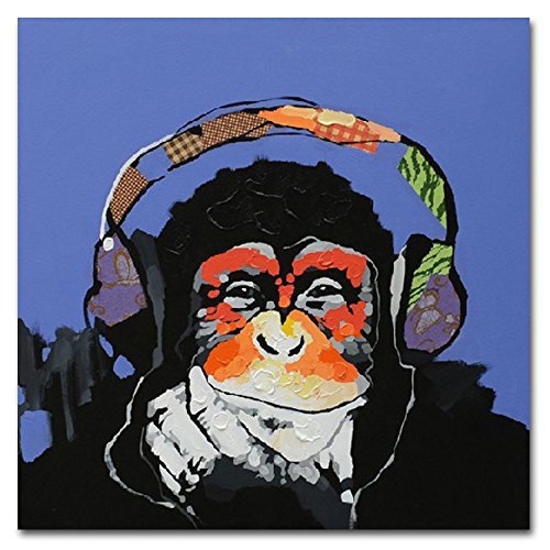 Fokenzary - Cuadro 100% pintado a mano, pintura al óleo sobre lienzo, Gorila escuchando música con auriculares, con marco listo para colgar, lona, 16x16in