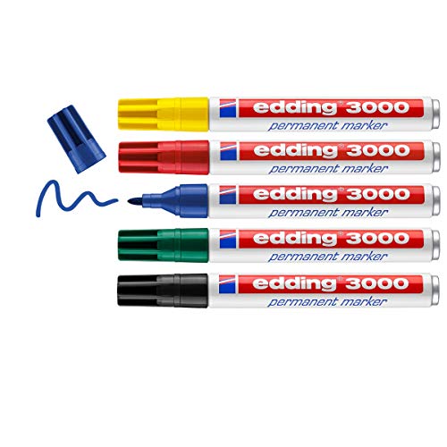 edding 3000 marcador permanente - rojo azul verde amarillo negro - juego de 5 colores - punta redonda - indeleble de secado rápido resistente al agua y a los borrones - cartón plástico madera metal