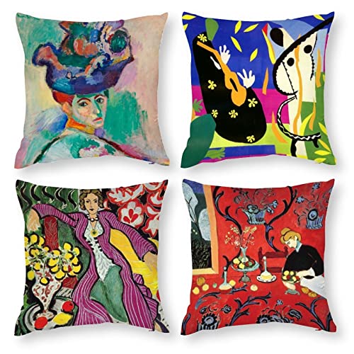 HOSTECCO Juego de 4 fundas de almohada artísticas de 45 x 45 cm, diseño de pintura de Henri Matisse, armonía en rojo tristeza del rey, fauvismo, fundas de cojín decorativas para sofá