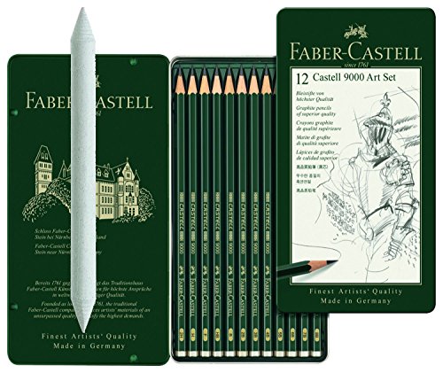 Faber-Castell - Lápices Castell 9000 119065, juego de 12 lápices 8B - 2H con difuminador Faber Castell 122780 (lápiz difuminador)