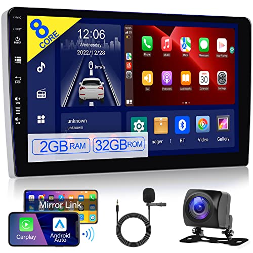 Radio Coche 8-Núcleos 2 DIN Android 12 con Carplay, Android Auto, Mirror Link 2G+32G Radio Pantalla Táctil IPS 9 Pulgadas Radio con GPS, Bluetooth 5.1 Radio FM/Am/RDS, WiFi 4G, DSP, Cámara Hodozzy