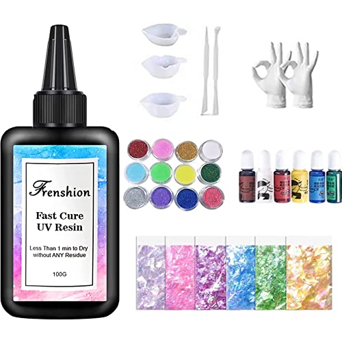 Frenshion Kit de fabricación de 31 joyas de resina, que contiene 100 gramos de resina ultravioleta dura transparente de curado rápido, pigmentos de color, kit de entrada de resina ultravioleta